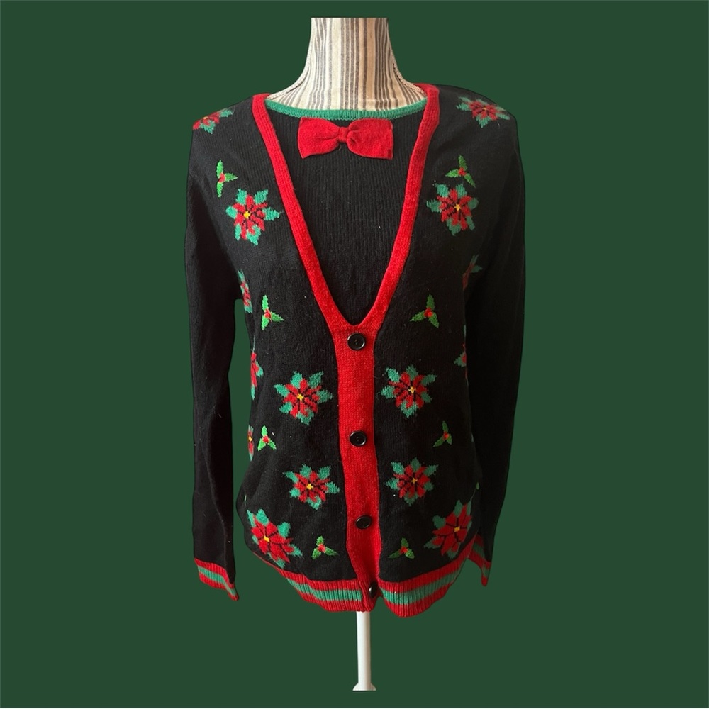 Festive Black and Red Cardigan with Bow